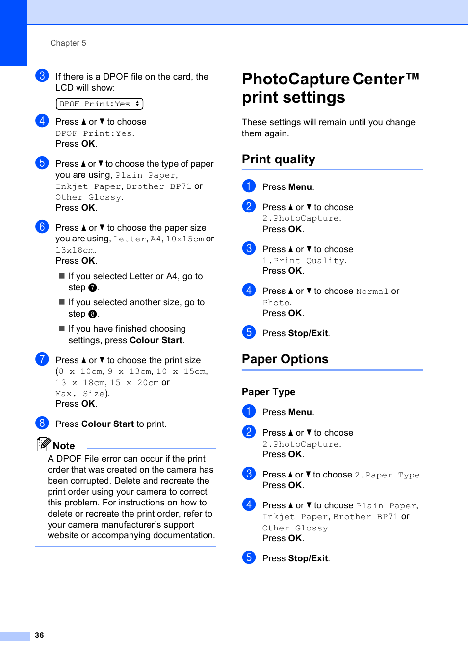 Photocapture center™ print settings, Print quality, Paper options | Paper type, Print quality paper options | Brother DCP-193C User Manual | Page 44 / 118
