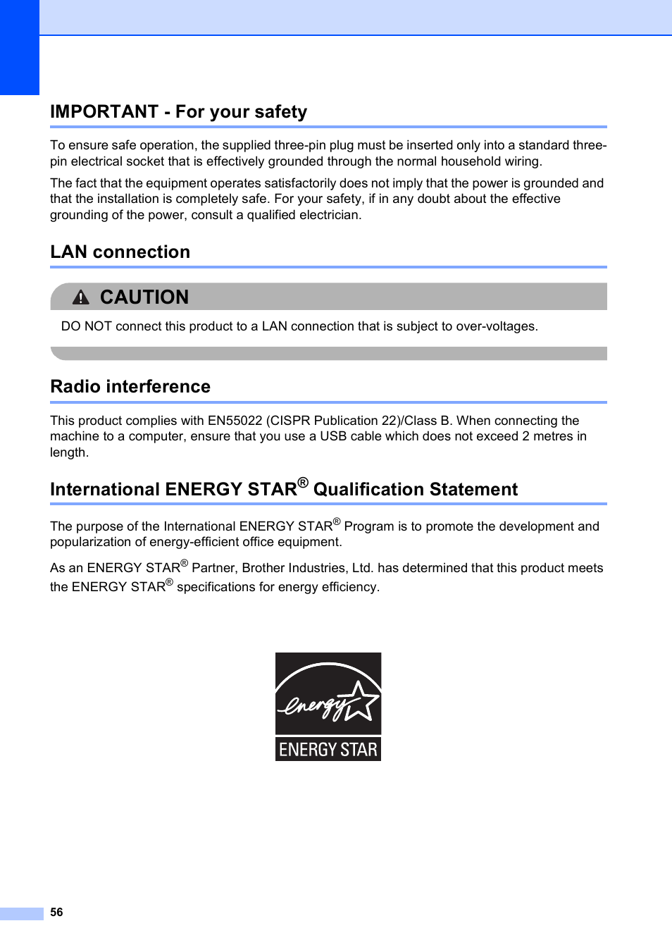 Important - for your safety, Lan connection, Radio interference | International energy star® qualification statement, Qualification statement, Caution, International energy star | Brother DCP-193C User Manual | Page 64 / 118