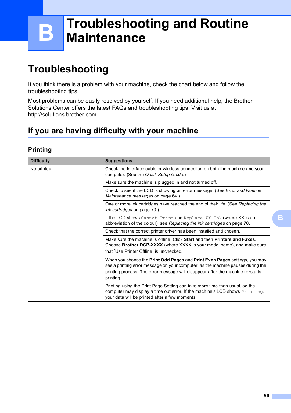 B troubleshooting and routine maintenance, Troubleshooting, If you are having difficulty with your machine | Troubleshooting and routine maintenance | Brother DCP-193C User Manual | Page 67 / 118