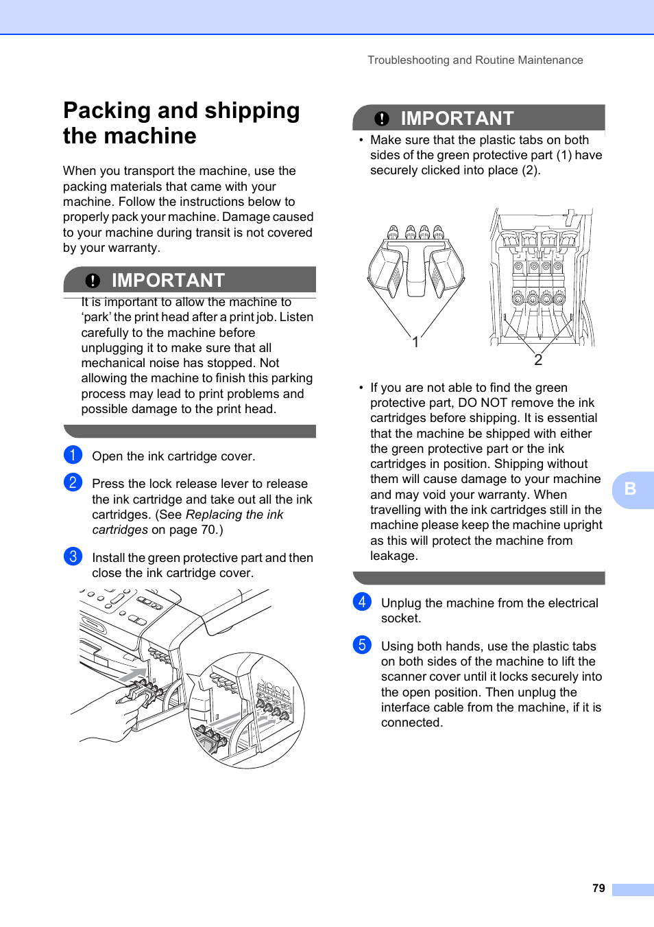 Packing and shipping the machine, Important | Brother DCP-193C User Manual | Page 87 / 118