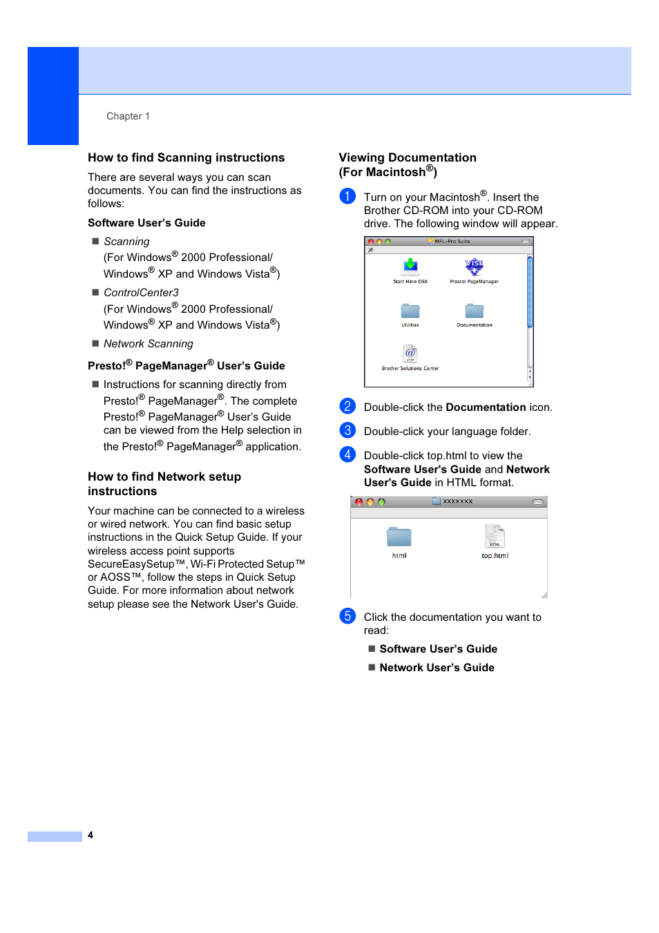 How to find scanning instructions, How to find network setup instructions, Viewing documentation (for macintosh®) | Brother DCP-6690CW User Manual | Page 10 / 134