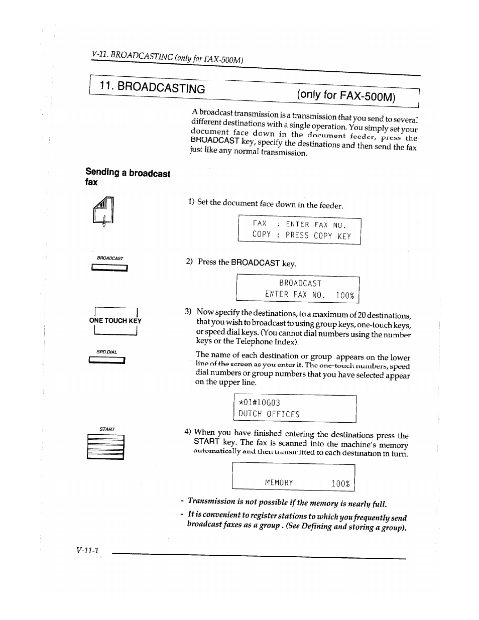 Broadcasting, Only for fax-500m), Sending a broadcast fax | Broadcasting (only for fax-500m) | Brother Fax-410M User Manual | Page 122 / 164
