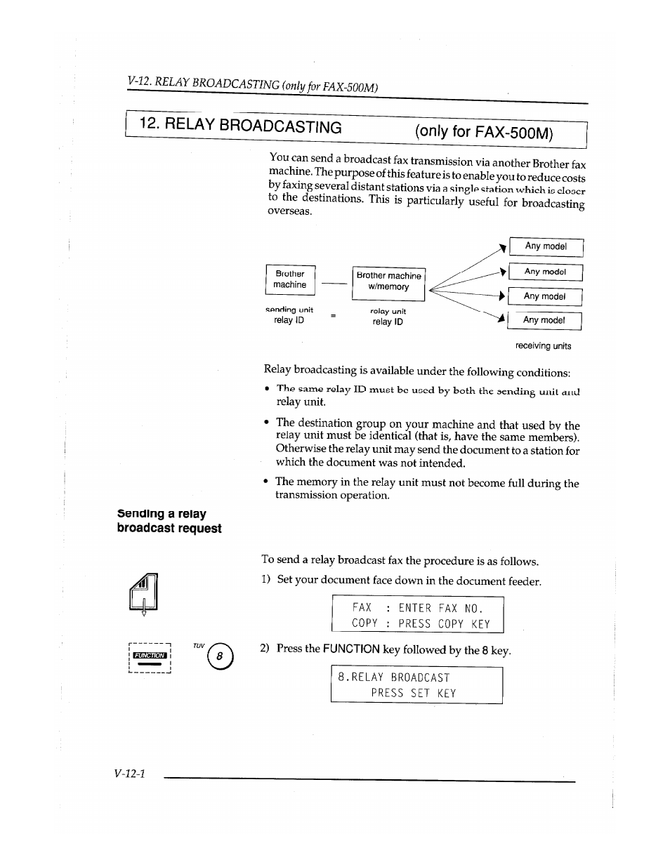 Sending a relay broadcast request, Relay broadcasting (only for fax-500m) | Brother Fax-410M User Manual | Page 124 / 164