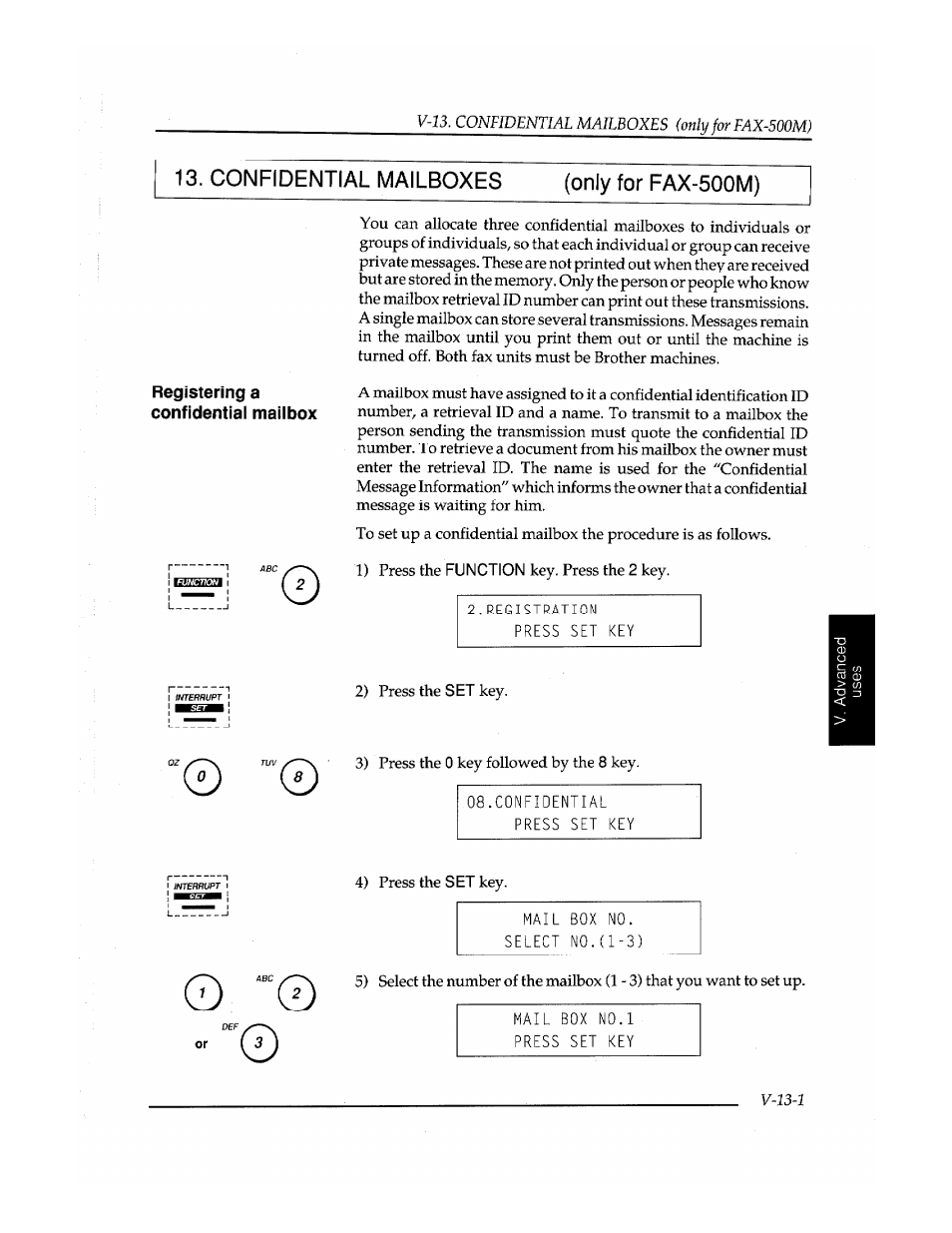 Confidential mailboxes, Only for fax-500m), Registering a confidentiai mailbox | Confidential mailboxes (only for fax-500m) | Brother Fax-410M User Manual | Page 127 / 164