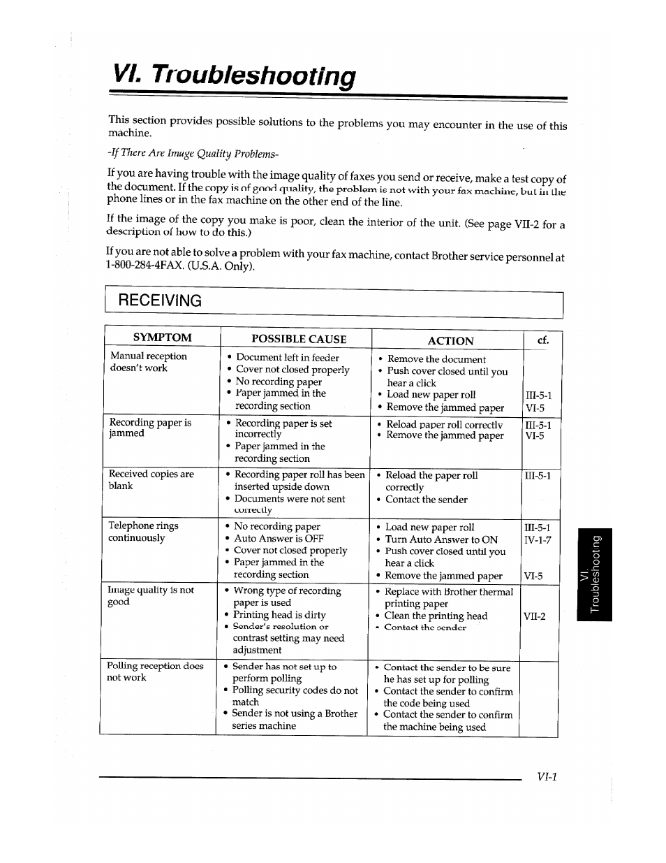 Vi. troubleshooting, Receiving | Brother Fax-410M User Manual | Page 147 / 164