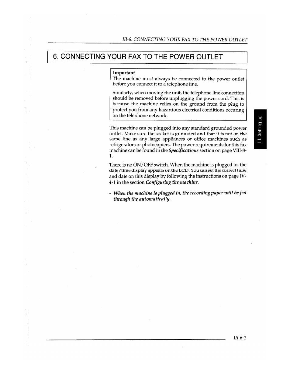Connecting your fax to the power outlet | Brother Fax-410M User Manual | Page 49 / 164