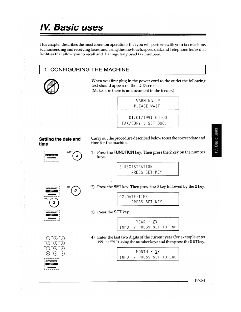 Iv. basic uses, Configuring the machine, Setting the date and time | Brother Fax-410M User Manual | Page 55 / 164