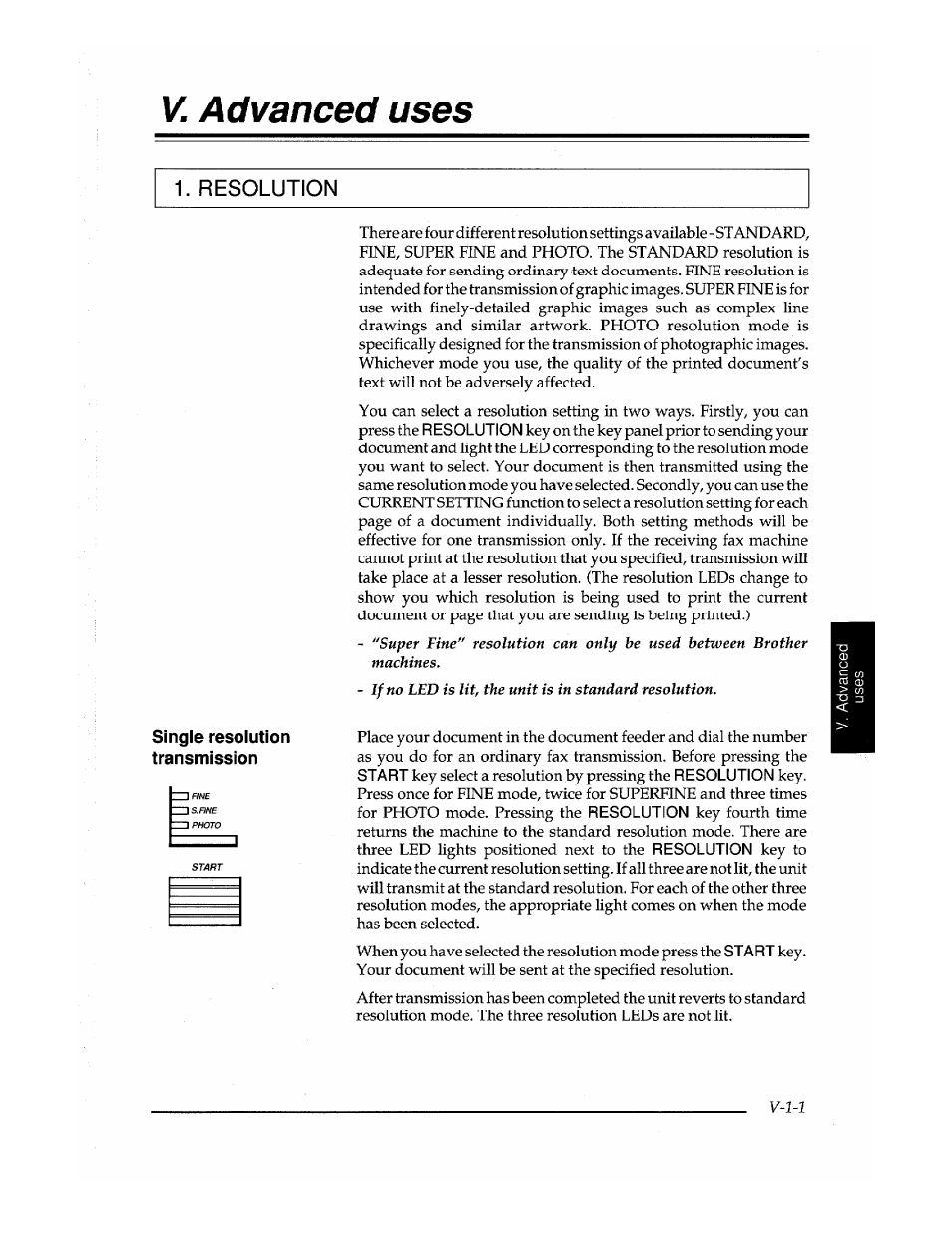 V. advanced uses, Resolution, Single resolution transmission | Brother Fax-410M User Manual | Page 93 / 164