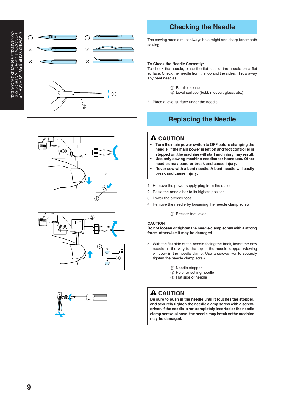 Checking the needle, Replacing the needle, Caution | Brother Sewing Manching User Manual | Page 18 / 90