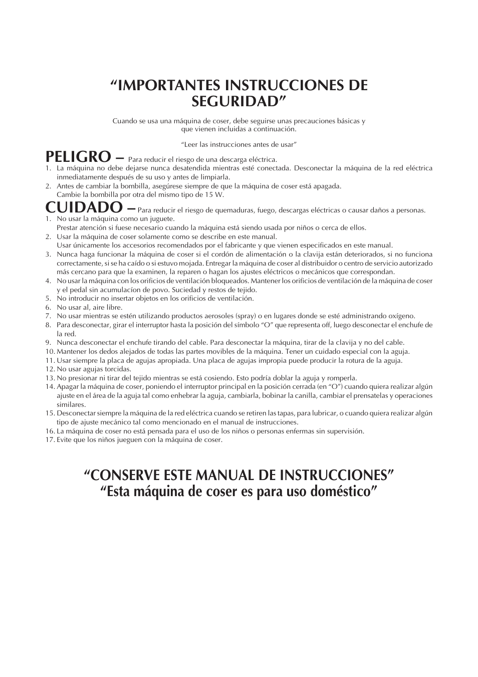 Peligro, Cuidado, Importantes instrucciones de seguridad | Brother Sewing Manching User Manual | Page 3 / 90