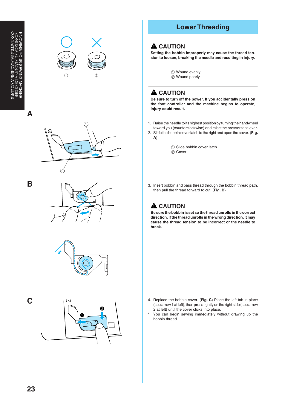 Ab c, Lower threading, Caution | Brother Sewing Manching User Manual | Page 32 / 90