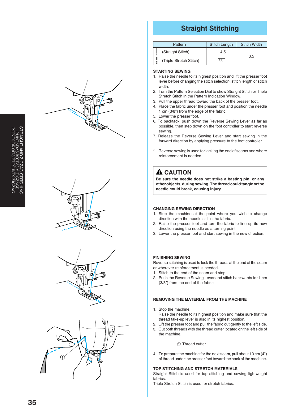 Straight stitching, Caution | Brother Sewing Manching User Manual | Page 44 / 90