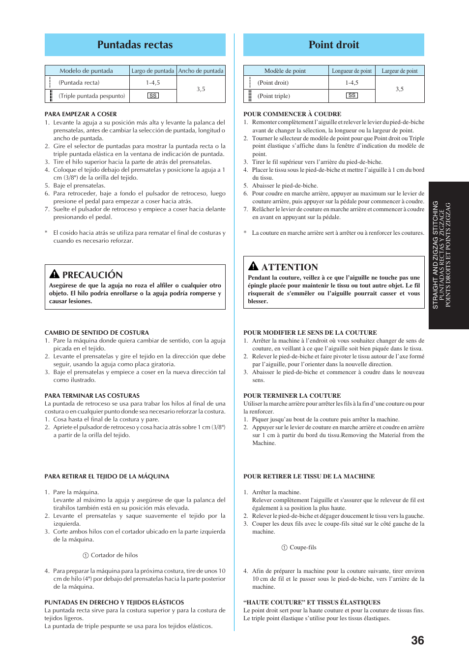 Point droit, Puntadas rectas, Attention | Precaución | Brother Sewing Manching User Manual | Page 45 / 90