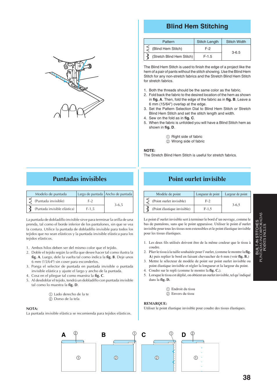 Blind hem stitching, Point ourlet invisible, Puntadas invisibles | Ab c d | Brother Sewing Manching User Manual | Page 47 / 90