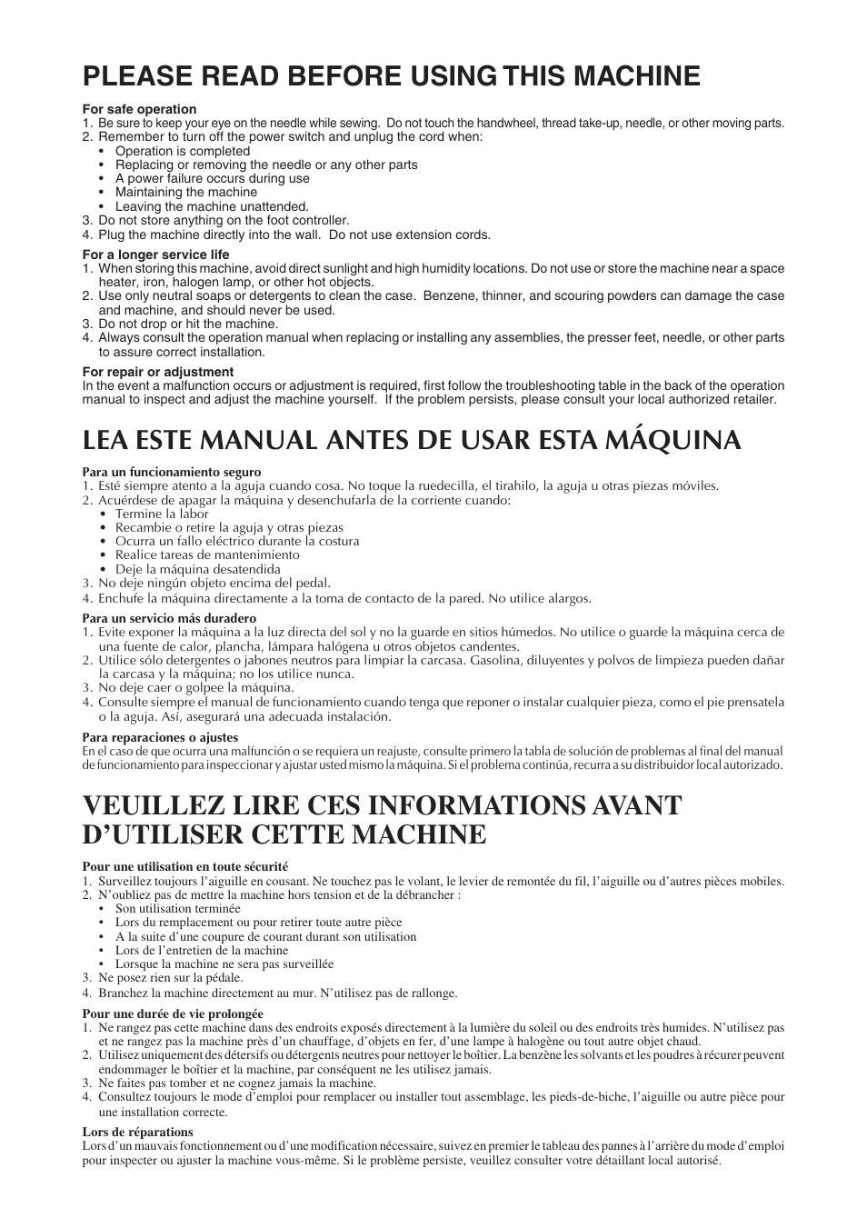 Please read before using this machine, Lea este manual antes de usar esta máquina | Brother Sewing Manching User Manual | Page 6 / 90