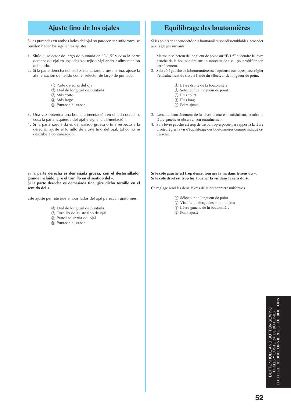 Equilibrage des boutonnières, Ajuste fino de los ojales | Brother Sewing Manching User Manual | Page 61 / 90