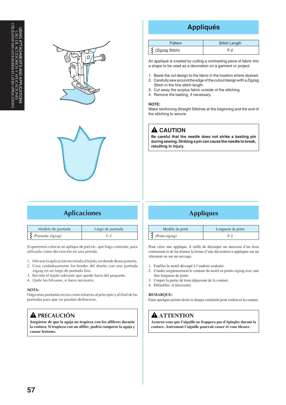 Appliqués, Appliques, Aplicaciones | Caution, Attention, Precaución | Brother Sewing Manching User Manual | Page 66 / 90