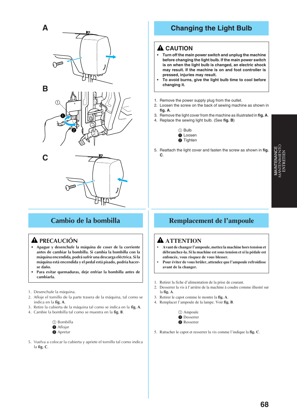 Changing the light bulb, Cambio de la bombilla, Remplacement de l’ampoule | Caution, Precaución, Attention | Brother Sewing Manching User Manual | Page 77 / 90