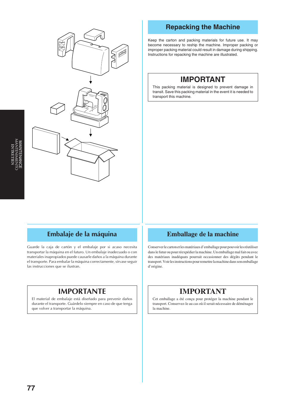 Important, Importante, Repacking the machine | Embalaje de la máquina, Emballage de la machine | Brother Sewing Manching User Manual | Page 86 / 90