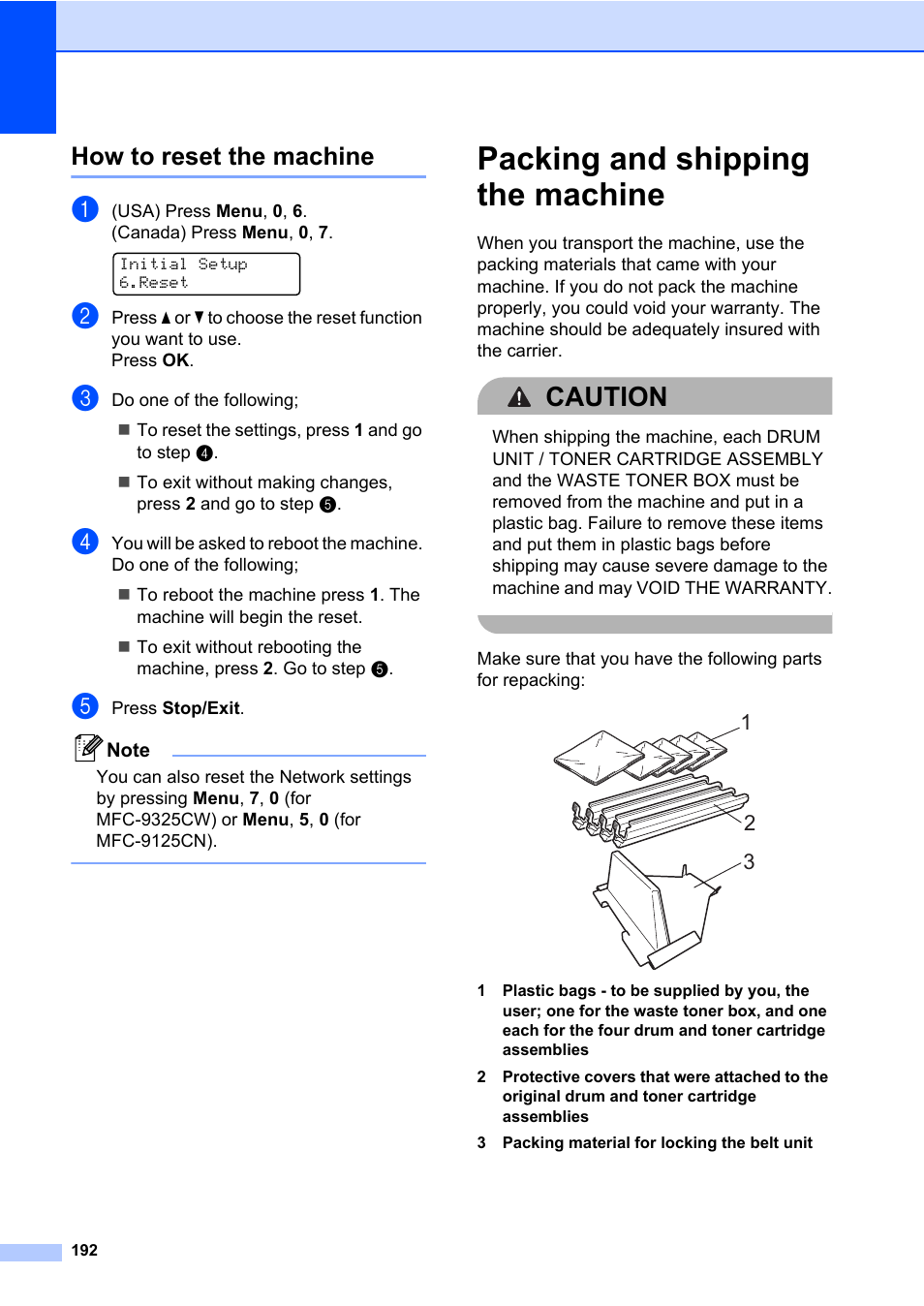 How to reset the machine, Packing and shipping the machine, Caution | Brother Fax Machine/Multi-Function Center MFC-9125CN User Manual | Page 208 / 267