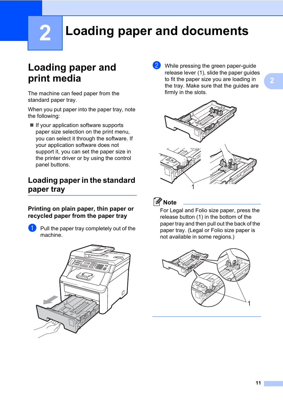2 loading paper and documents, Loading paper and print media, Loading paper in the standard paper tray | Loading paper and documents | Brother Fax Machine/Multi-Function Center MFC-9125CN User Manual | Page 27 / 267