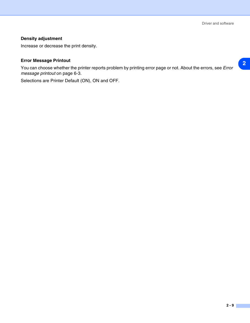 Density adjustment, Error message printout | Brother HL-2070N  EN User Manual | Page 35 / 109