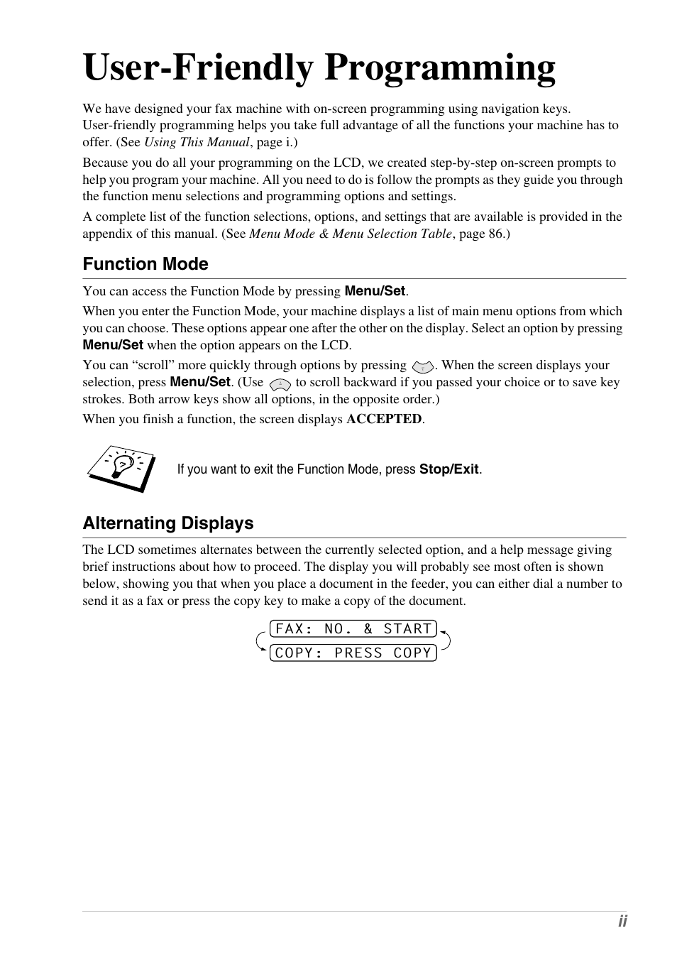 User-friendly programming, Function mode, Alternating displays | Brother 1030e User Manual | Page 3 / 108