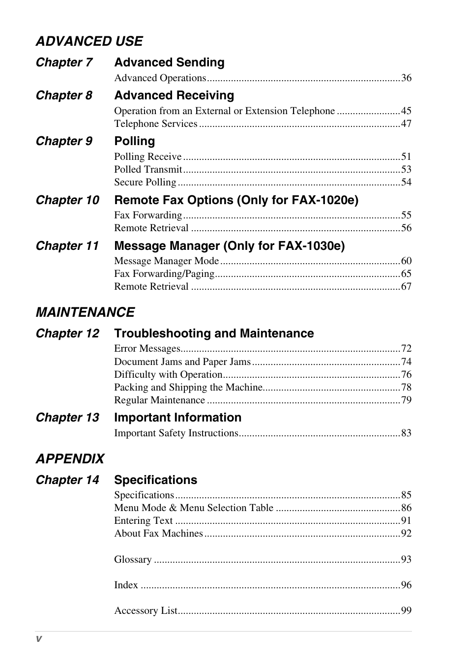 Advanced use, Maintenance, Appendix | Brother 1030e User Manual | Page 6 / 108