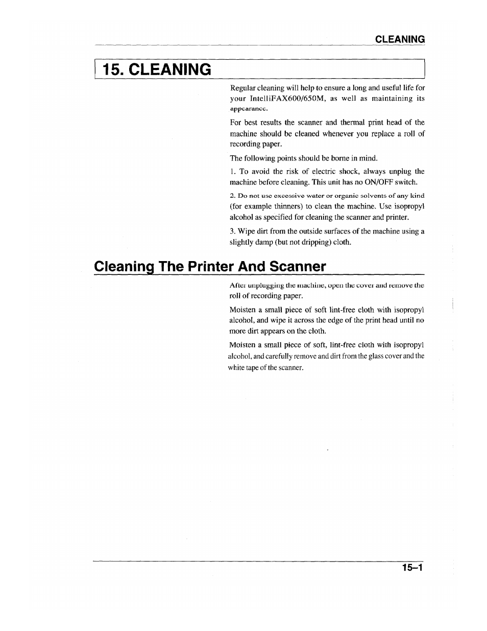 Cleaning, Cleaning the printer and scanner, Cleaning the printer and scanner -1 | Brother INTELLIFAX 600 User Manual | Page 117 / 122