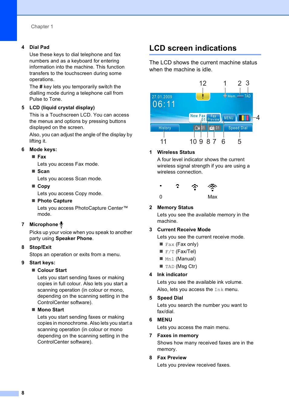 Lcd screen indications | Brother MFC 990cw User Manual | Page 20 / 227