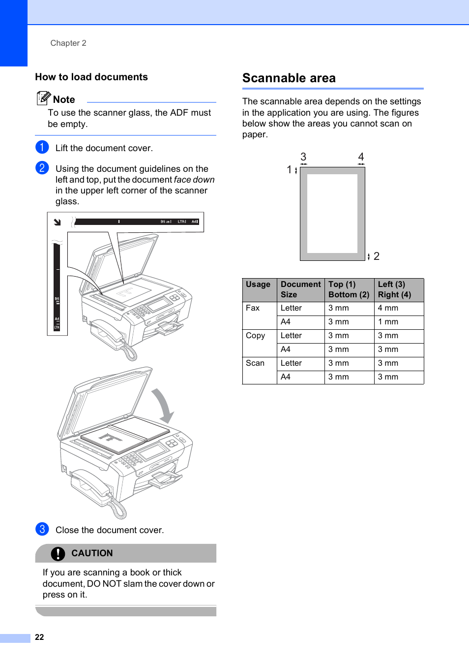 How to load documents, Scannable area | Brother MFC 990cw User Manual | Page 34 / 227