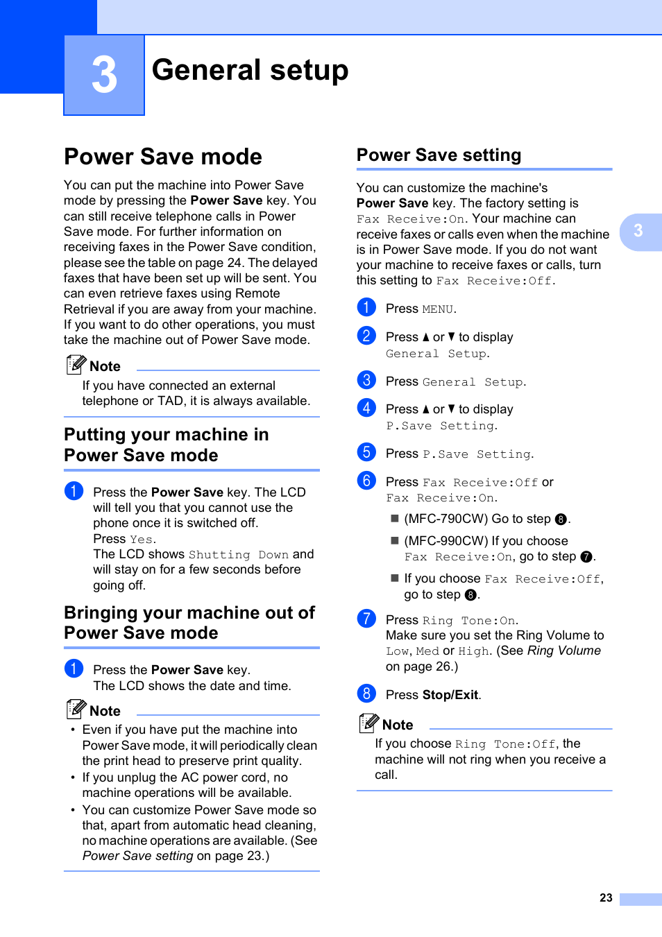 3 general setup, Power save mode, Putting your machine in power save mode | Bringing your machine out of power save mode, Power save setting, General setup | Brother MFC 990cw User Manual | Page 35 / 227