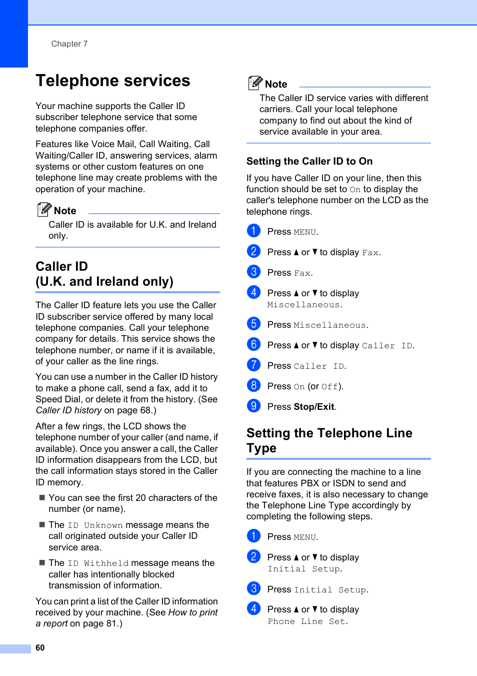 Telephone services, Caller id (u.k. and ireland only), Setting the caller id to on | Setting the telephone line type | Brother MFC 990cw User Manual | Page 72 / 227