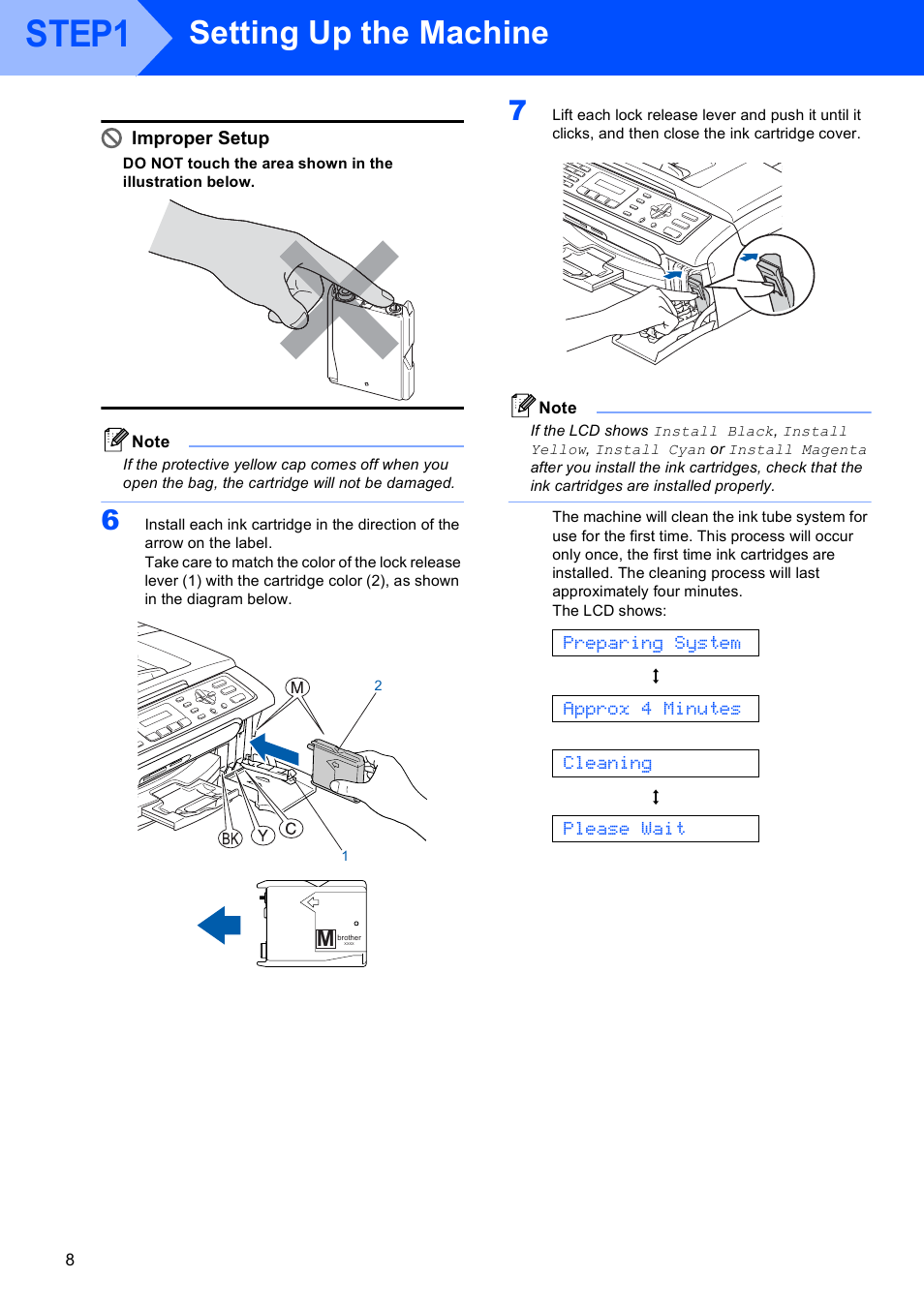 Step1, Setting up the machine, Preparing system | Approx 4 minutes, Cleaning, Please wait, Improper setup | Brother LASER PRINTER MFC-240C User Manual | Page 10 / 26