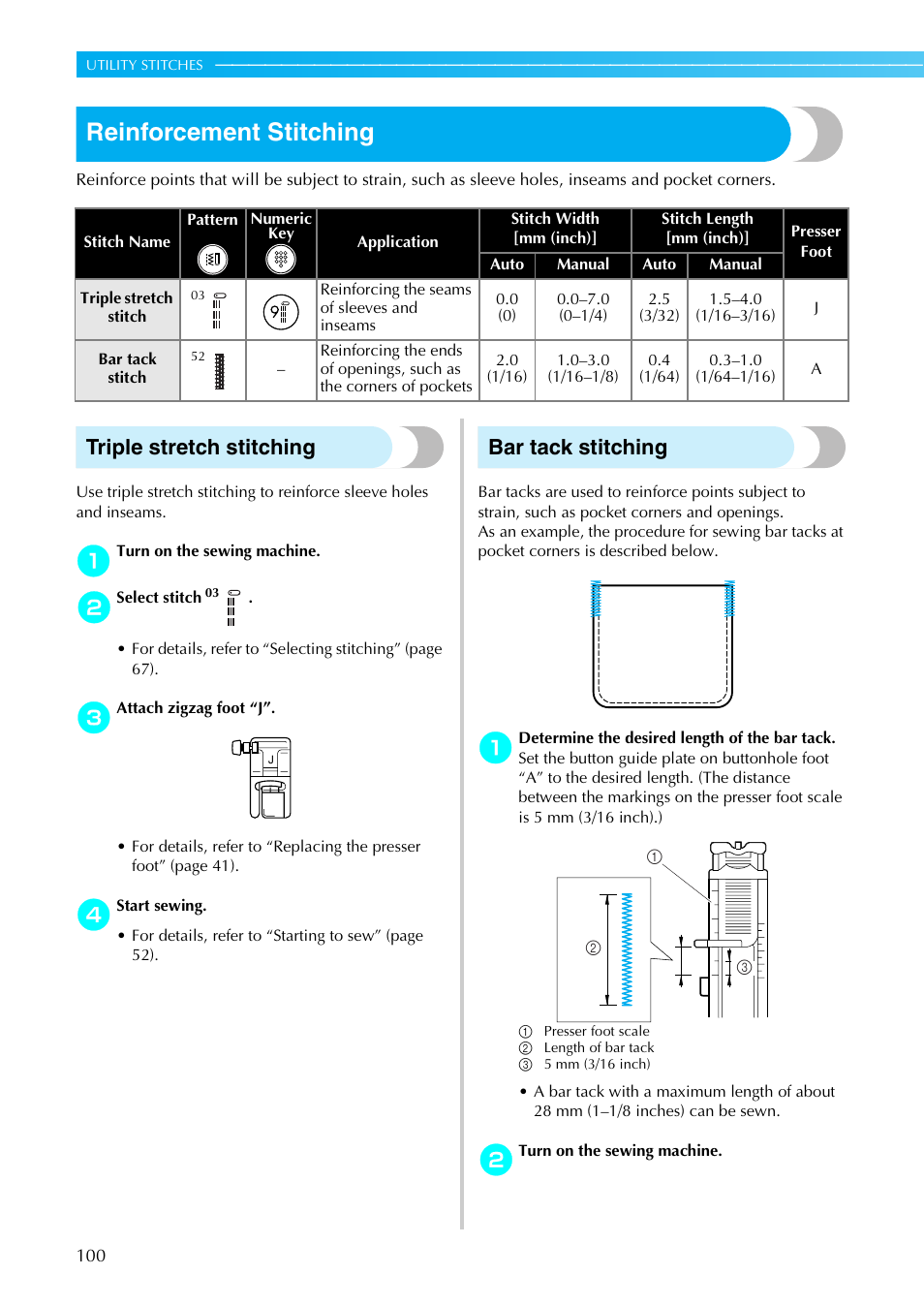Reinforcement stitching, Triple stretch stitching, Bar tack stitching | Brother Sewing Machines User Manual | Page 101 / 140