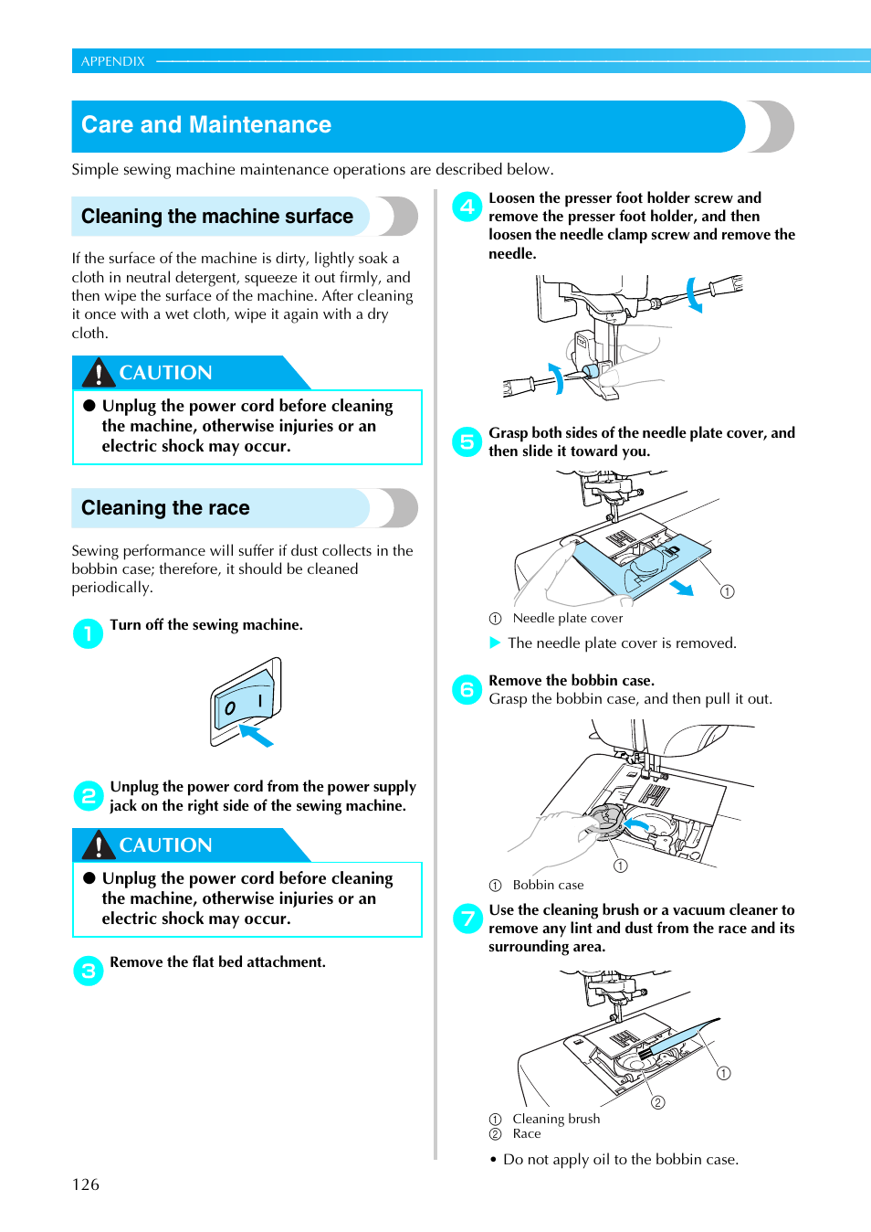Care and maintenance, Cleaning the machine surface, Caution cleaning the race | Caution | Brother Sewing Machines User Manual | Page 127 / 140