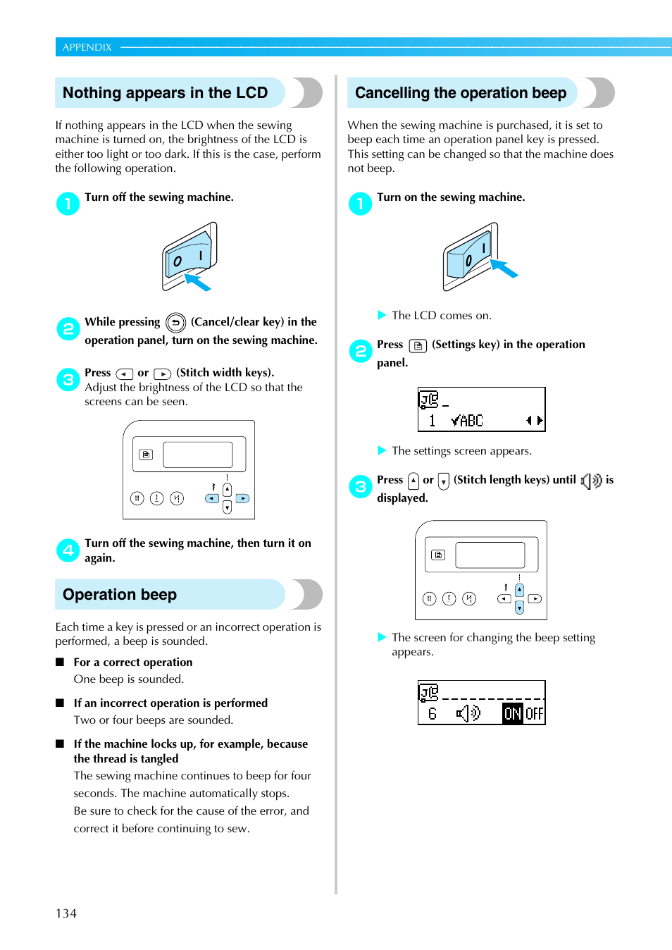 Nothing appears in the lcd, Operation beep, Cancelling the operation beep | Brother Sewing Machines User Manual | Page 135 / 140
