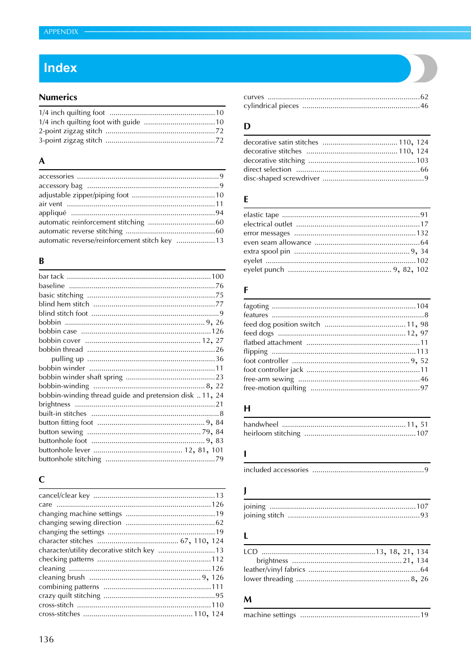 Index | Brother Sewing Machines User Manual | Page 137 / 140
