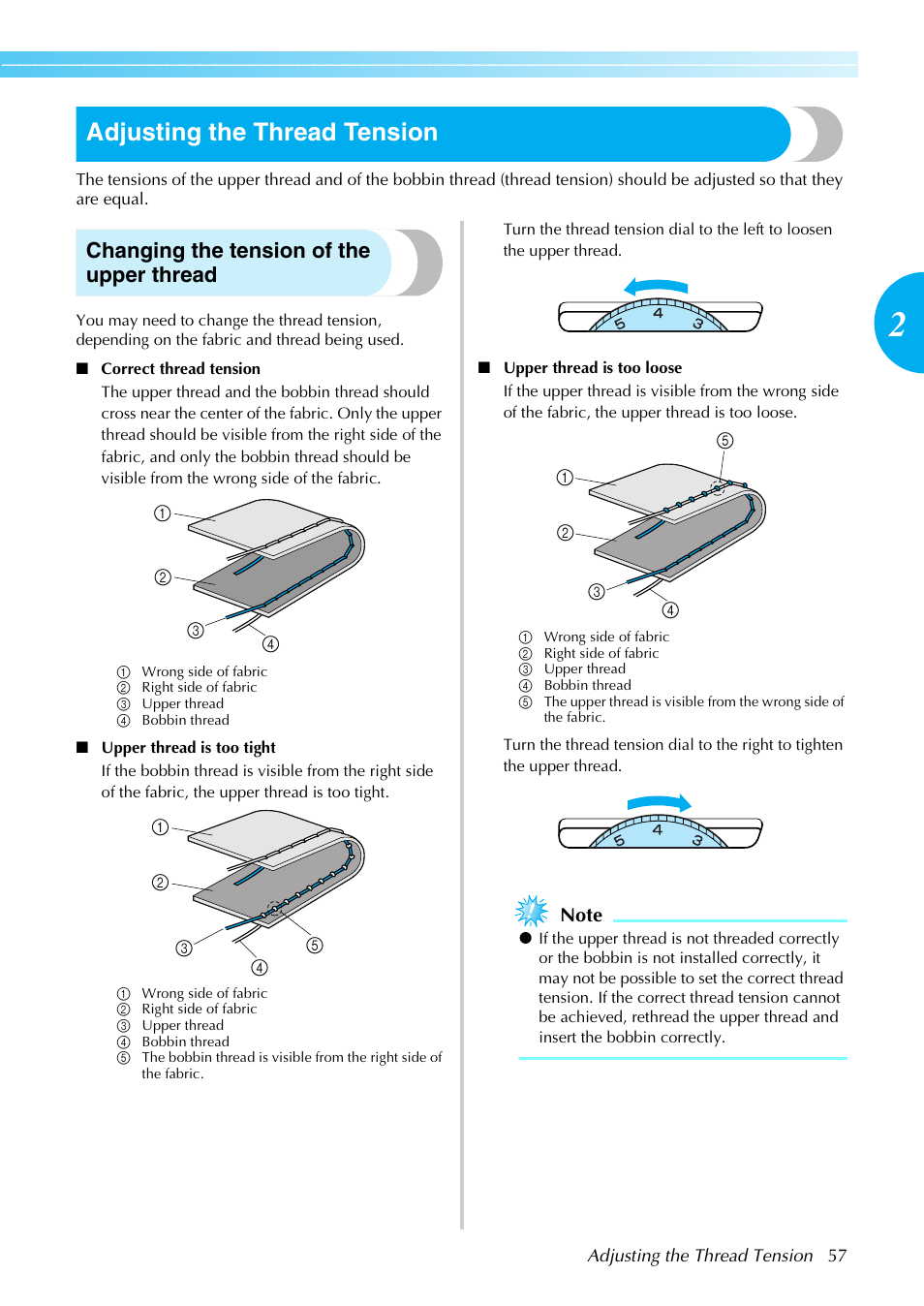 Adjusting the thread tension, Changing the tension of the upper thread | Brother Sewing Machines User Manual | Page 58 / 140