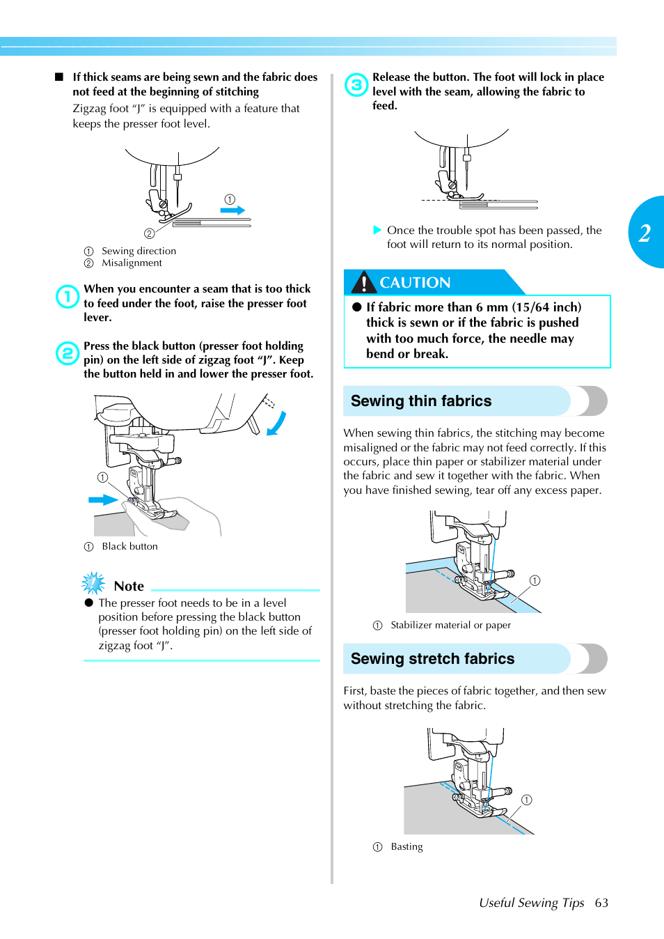 Caution sewing thin fabrics, Sewing stretch fabrics | Brother Sewing Machines User Manual | Page 64 / 140