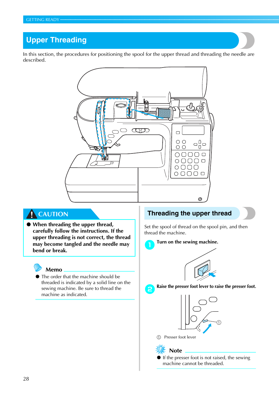 Upper threading, Caution, Threading the upper thread | Brother NX-450 User Manual | Page 29 / 155