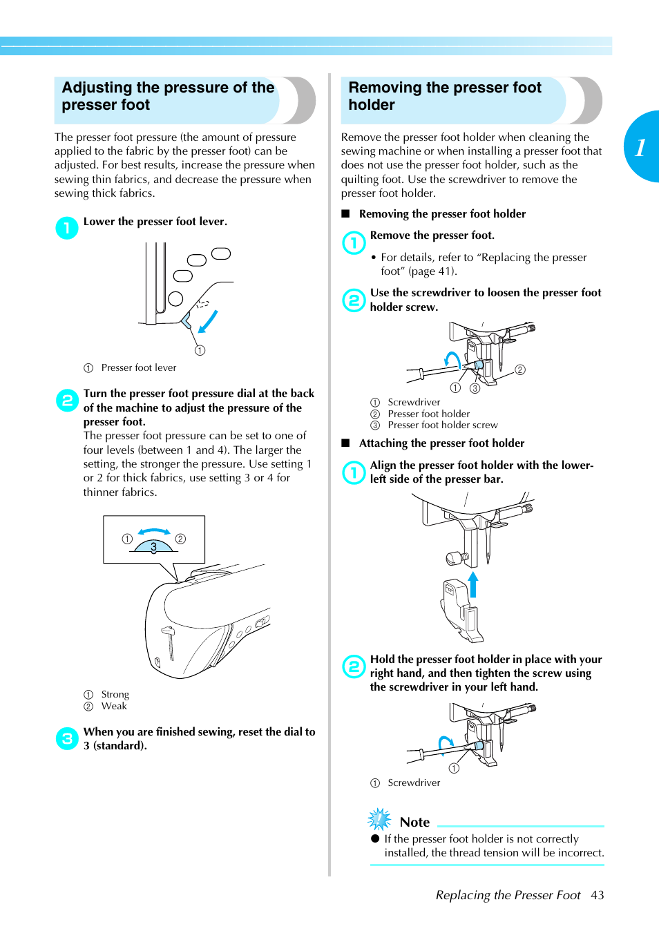Adjusting the pressure of the presser foot, Removing the presser foot holder | Brother NX-450 User Manual | Page 44 / 155