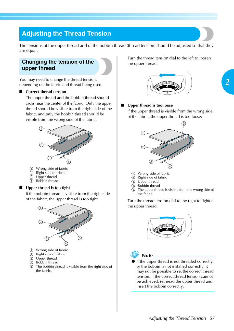 Adjusting the thread tension, Changing the tension of the upper thread | Brother NX-450 User Manual | Page 58 / 155