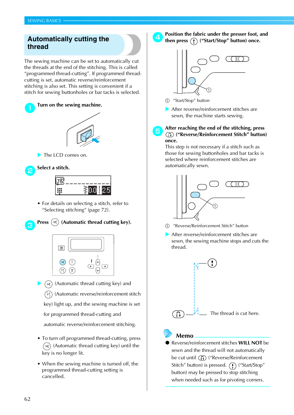 Automatically cutting the thread | Brother NX-450 User Manual | Page 63 / 155