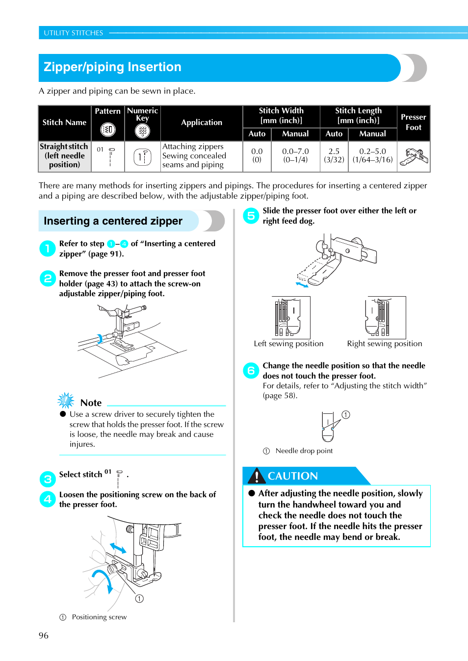 Zipper/piping insertion, Inserting a centered zipper, Caution | Brother NX-450 User Manual | Page 97 / 155