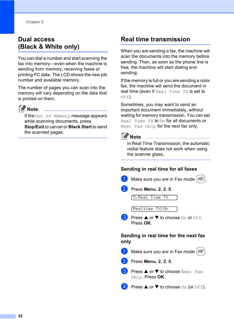 Dual access (black & white only), Real time transmission, Sending in real time for all faxes | Sending in real time for the next fax only | Brother FAX-2480C User Manual | Page 48 / 164