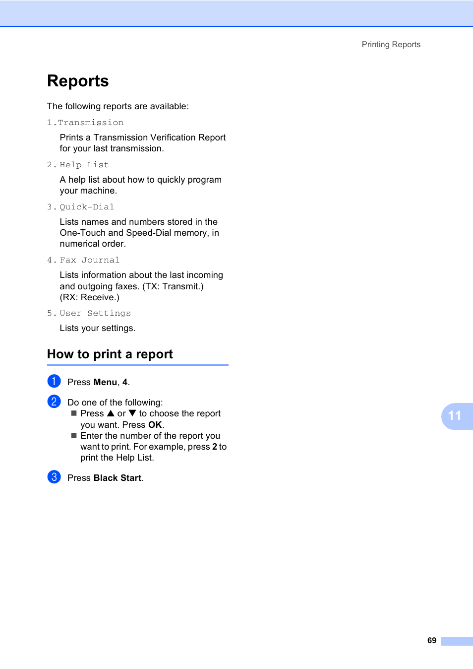 Reports, How to print a report | Brother FAX-2480C User Manual | Page 85 / 164