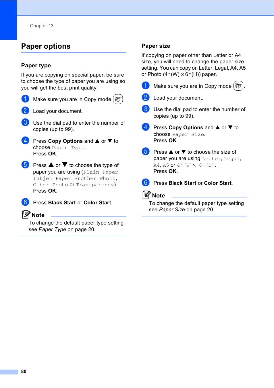 Paper options, Paper type, Paper size | Brother FAX-2480C User Manual | Page 96 / 164