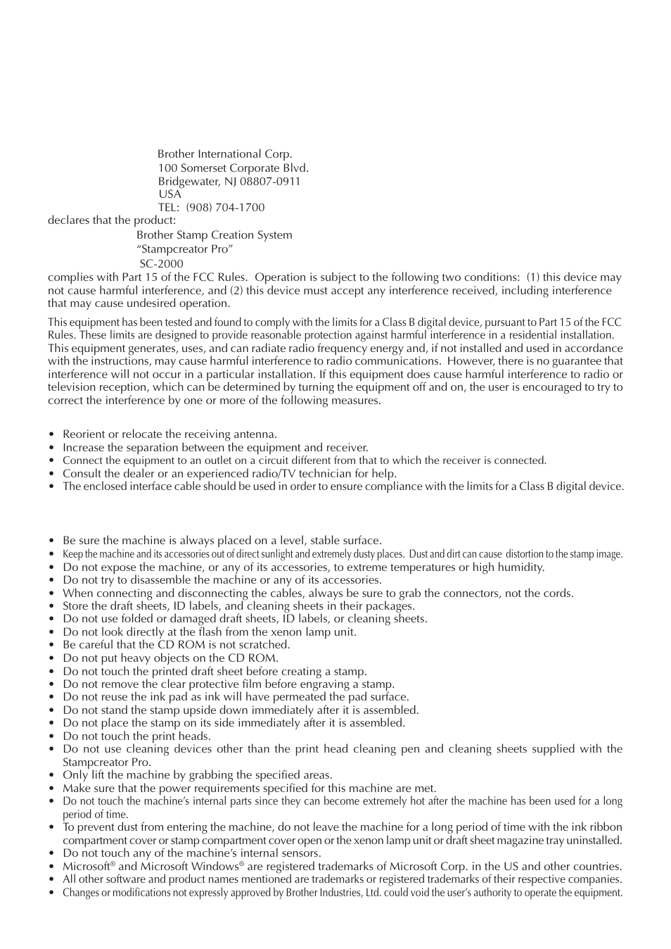 Fcc compliance, General precautions | Brother SC-2000 User Manual | Page 4 / 64