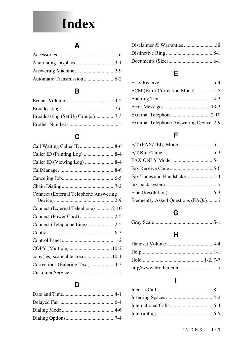 Index | Brother Fax-885MC User Manual | Page 101 / 108